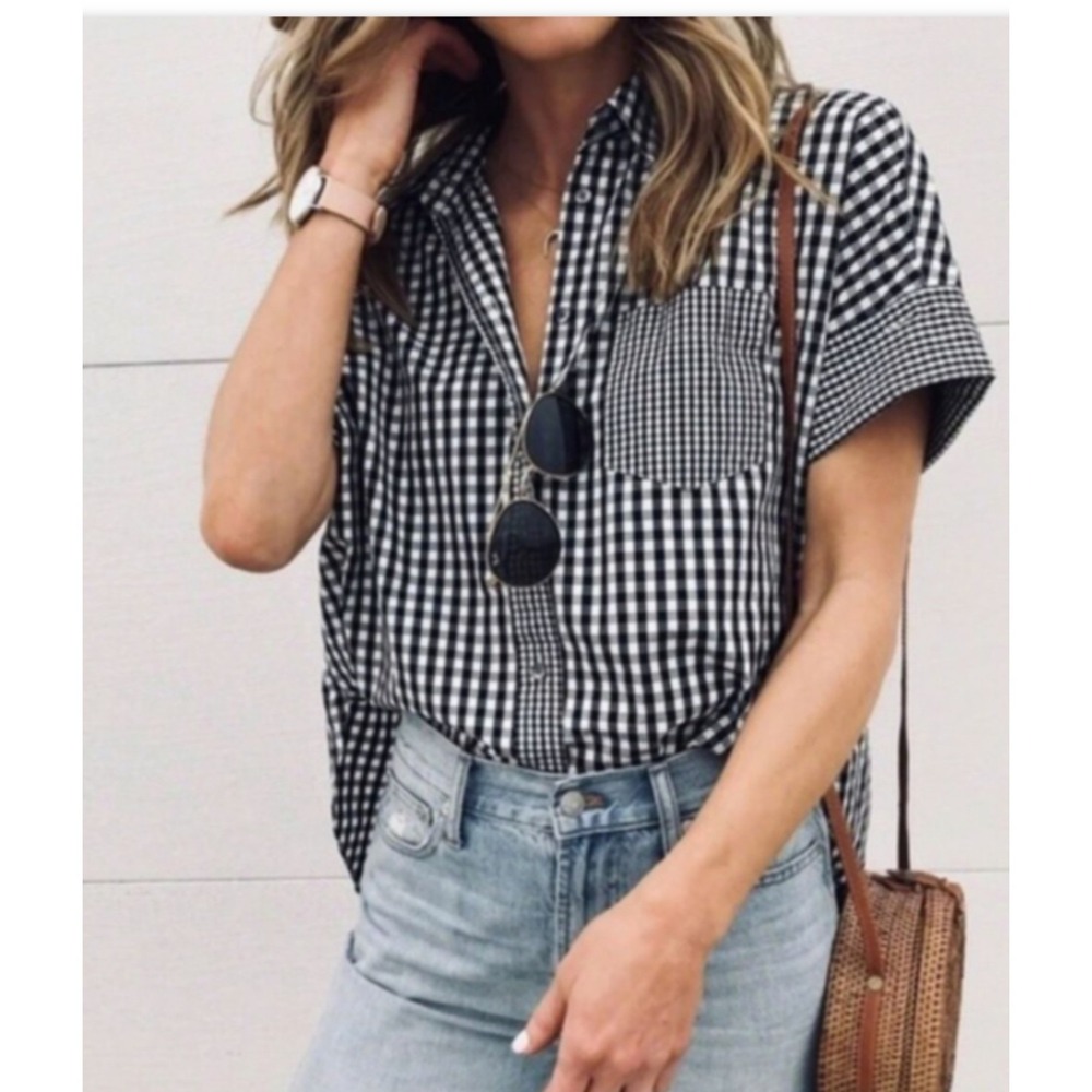 Madewell Gingham-Play Button Down Shirt Womens XXS Black White Check Oversized